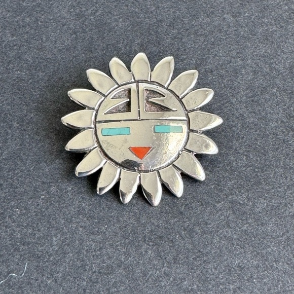 Vintage Sun Face Brooch Turquoise Coral Sterling Silver Zuni Native American‎ - Picture 6 of 8